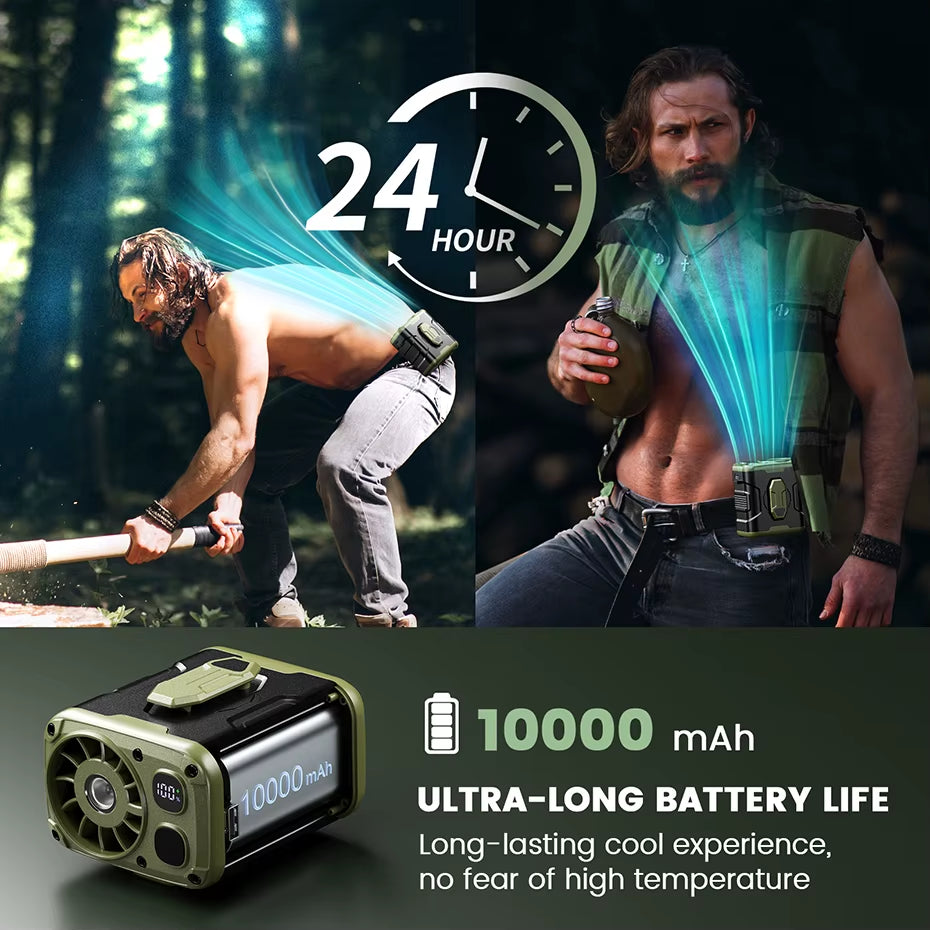 10000Mah Portable Waist Fan with Power Bank LED Lighting Hanging Neck Fan 5 Speed Strong Airflow Cooling Fan for Outdoor Working