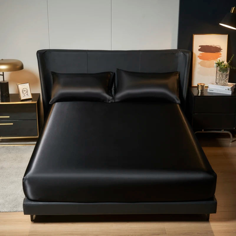 Upzo 100%Polyester 1Pcs Satin Surface Bedding Fitted Sheet（No Pillowcase）Elastic Band around Mattress Cover King Bed Cover Sheet