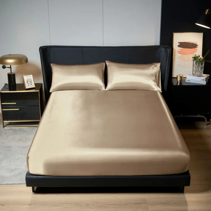 Upzo 100%Polyester 1Pcs Satin Surface Bedding Fitted Sheet（No Pillowcase）Elastic Band around Mattress Cover King Bed Cover Sheet