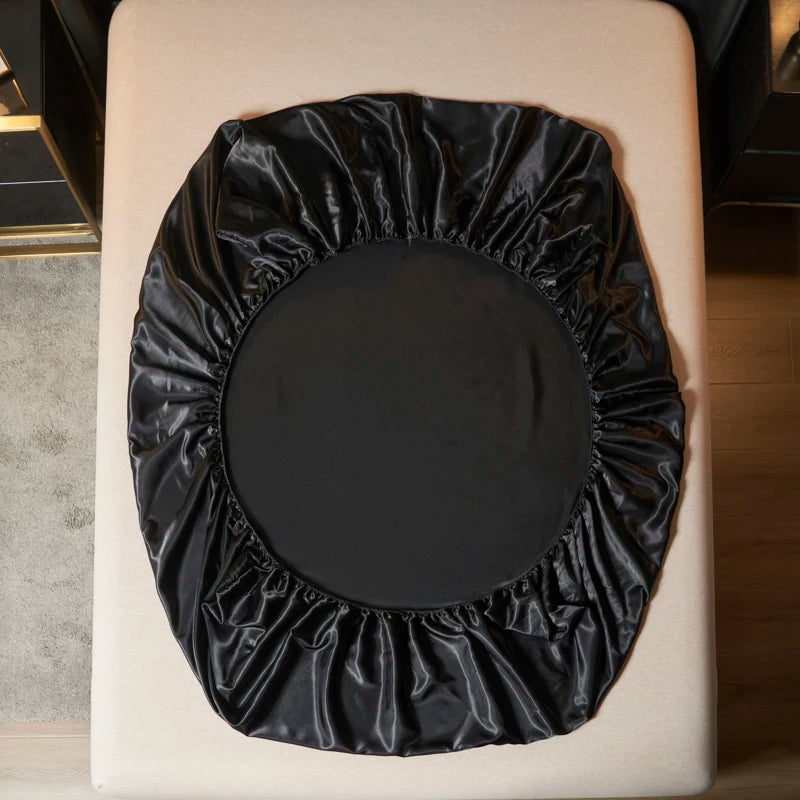 Upzo 100%Polyester 1Pcs Satin Surface Bedding Fitted Sheet（No Pillowcase）Elastic Band around Mattress Cover King Bed Cover Sheet