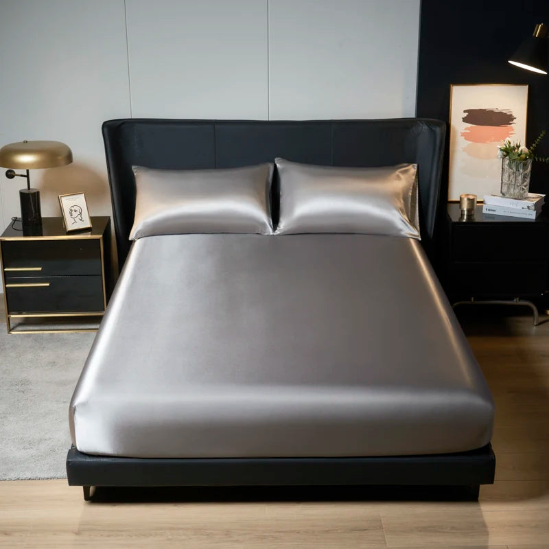 Upzo 100%Polyester 1Pcs Satin Surface Bedding Fitted Sheet（No Pillowcase）Elastic Band around Mattress Cover King Bed Cover Sheet