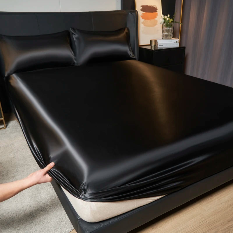 Upzo 100%Polyester 1Pcs Satin Surface Bedding Fitted Sheet（No Pillowcase）Elastic Band around Mattress Cover King Bed Cover Sheet