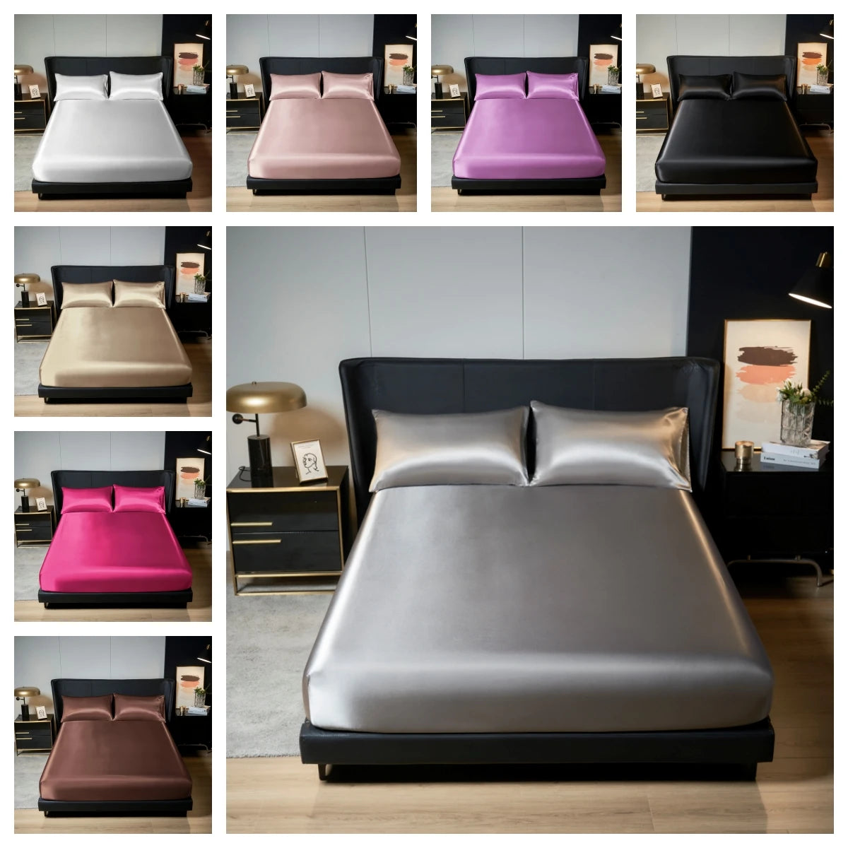 Upzo 100%Polyester 1Pcs Satin Surface Bedding Fitted Sheet（No Pillowcase）Elastic Band around Mattress Cover King Bed Cover Sheet